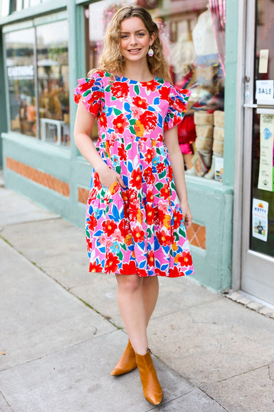 Pink Multi Floral Ruffle Sleeve Tiered Dress - Online Only!