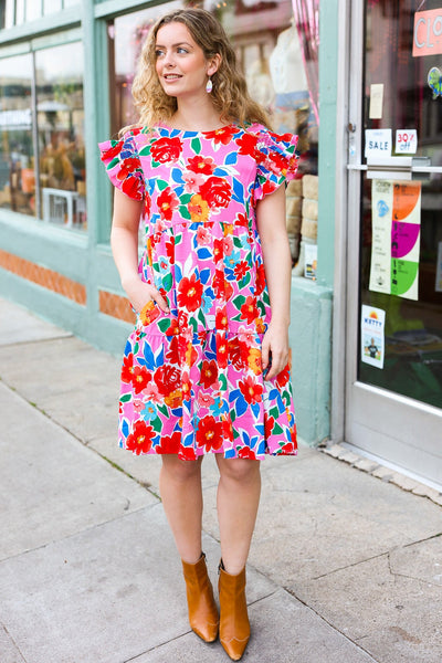 Pink Multi Floral Ruffle Sleeve Tiered Dress - Online Only!