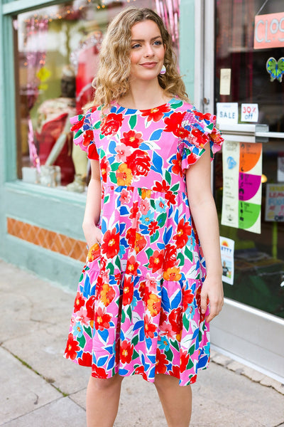 Pink Multi Floral Ruffle Sleeve Tiered Dress - Online Only!