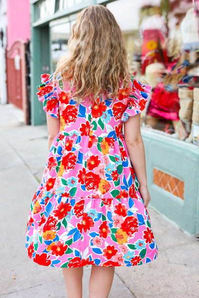 Pink Multi Floral Ruffle Sleeve Tiered Dress - Online Only!