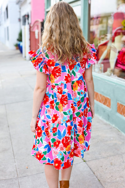 Pink Multi Floral Ruffle Sleeve Tiered Dress - Online Only!