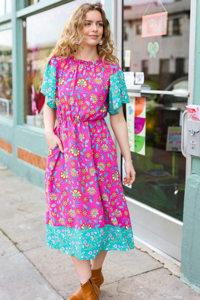 Charming Fuchsia & Mint Floral Frill Mock Neck Flutter Sleeve Midi Dress - Online Only!