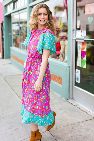 Charming Fuchsia & Mint Floral Frill Mock Neck Flutter Sleeve Midi Dress - Online Only!