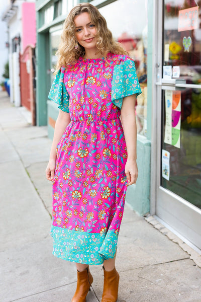 Charming Fuchsia & Mint Floral Frill Mock Neck Flutter Sleeve Midi Dress - Online Only!