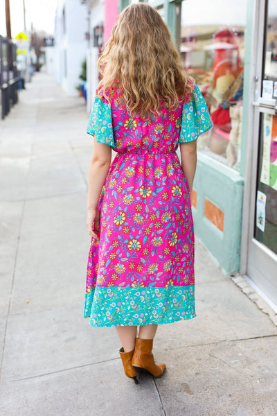 Charming Fuchsia & Mint Floral Frill Mock Neck Flutter Sleeve Midi Dress - Online Only!