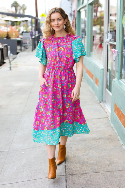 Charming Fuchsia & Mint Floral Frill Mock Neck Flutter Sleeve Midi Dress - Online Only!