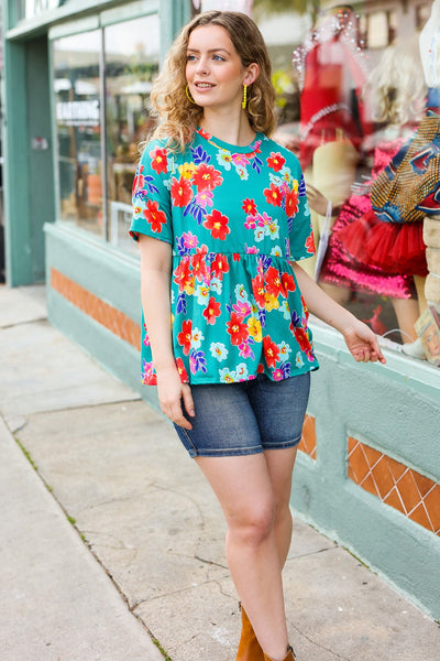 Take Me Away Teal Floral Drop Shoulder Babydoll Top - Online Only!