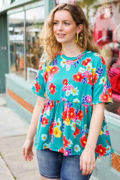 Take Me Away Teal Floral Drop Shoulder Babydoll Top - Online Only!