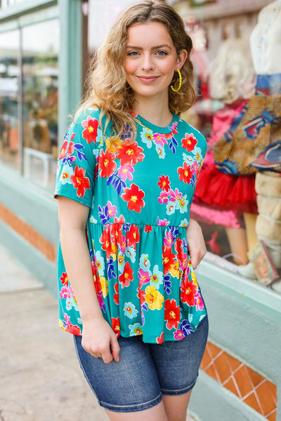 Take Me Away Teal Floral Drop Shoulder Babydoll Top - Online Only!