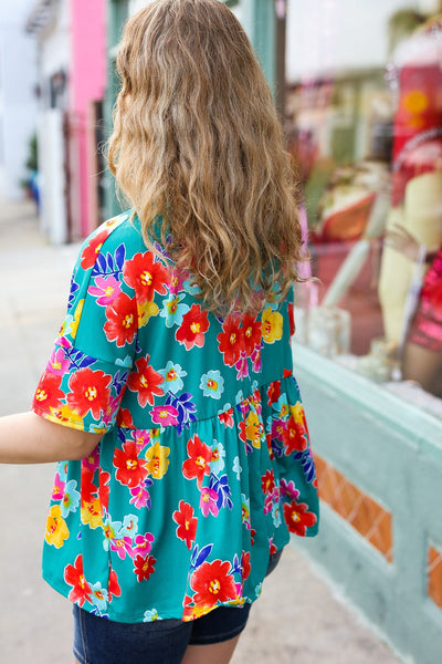 Take Me Away Teal Floral Drop Shoulder Babydoll Top - Online Only!