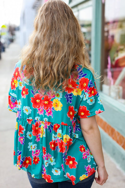 Take Me Away Teal Floral Drop Shoulder Babydoll Top - Online Only!