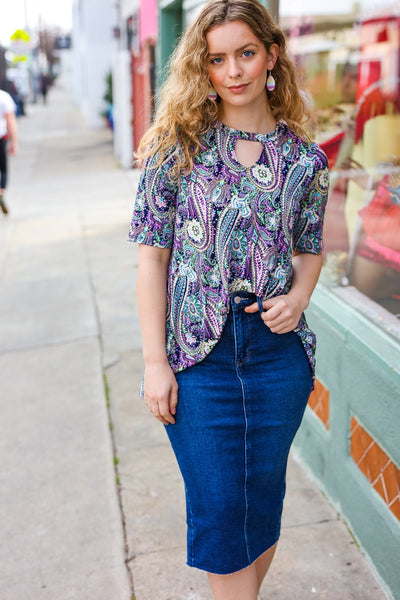 Navy Floral Paisley Front Keyhole Tunic Top - Online Only!