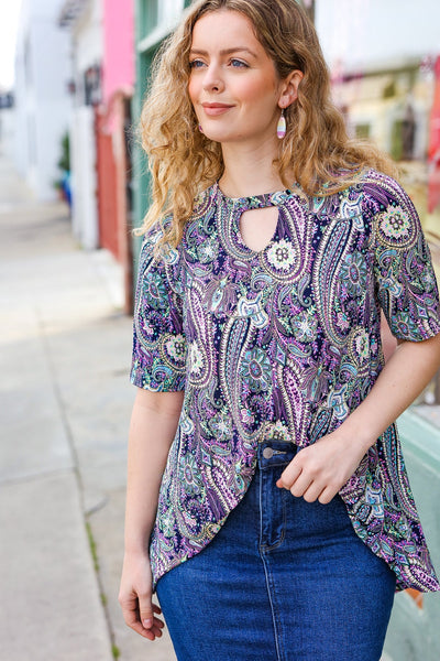 Navy Floral Paisley Front Keyhole Tunic Top - Online Only!