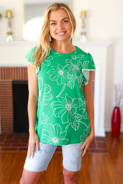 Follow Me Emerald Floral Ric Rac Trim Flutter Sleeve Top - Online Only!
