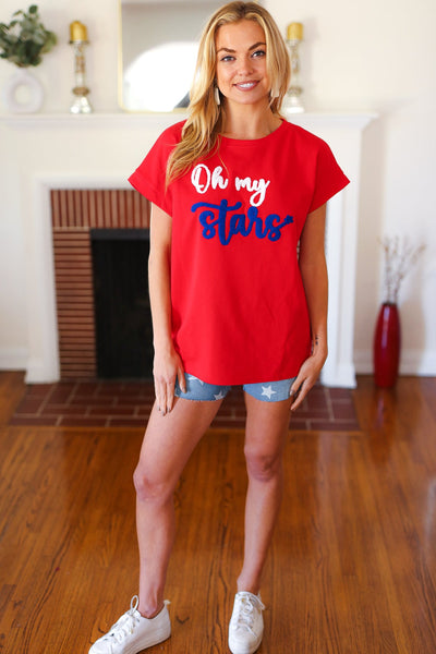 Oh My Stars Red Embroidered French Terry Dolman Top - Online Only!