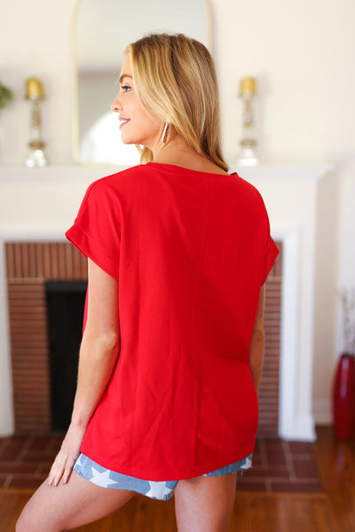 Oh My Stars Red Embroidered French Terry Dolman Top - Online Only!