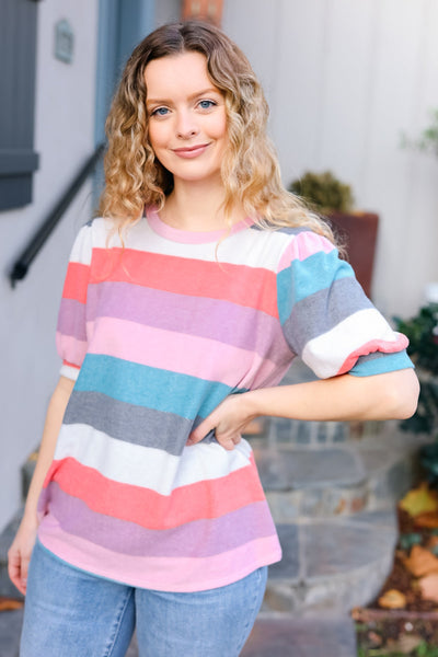 Look Out Teal & Rose Striped Hacci Knit Puff Sleeve Top - Online Only!