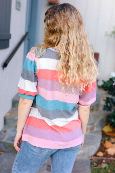 Look Out Teal & Rose Striped Hacci Knit Puff Sleeve Top - Online Only!