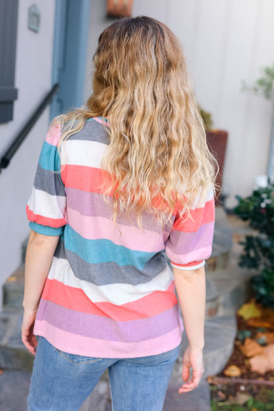 Look Out Teal & Rose Striped Hacci Knit Puff Sleeve Top - Online Only!