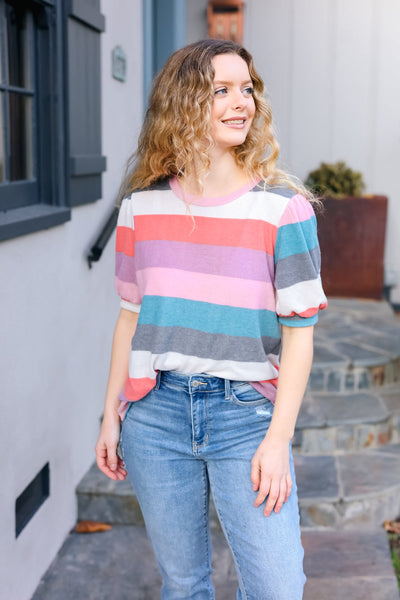 Look Out Teal & Rose Striped Hacci Knit Puff Sleeve Top - Online Only!