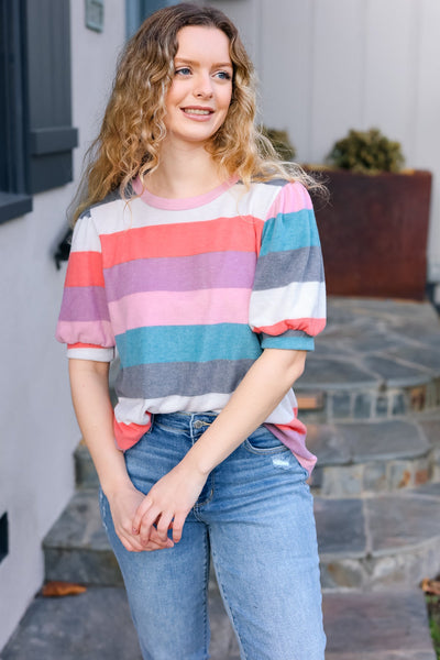 Look Out Teal & Rose Striped Hacci Knit Puff Sleeve Top - Online Only!