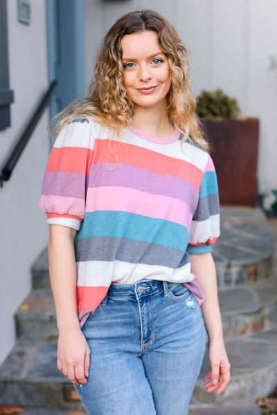 Look Out Teal & Rose Striped Hacci Knit Puff Sleeve Top - Online Only!