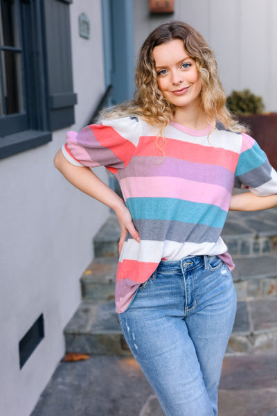 Look Out Teal & Rose Striped Hacci Knit Puff Sleeve Top - Online Only!