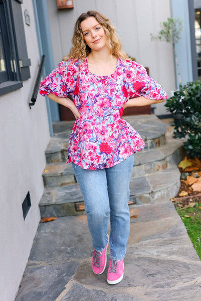 Feeling Femmi Pink & Fuchsia Floral Peplum Woven Top - Online Only!