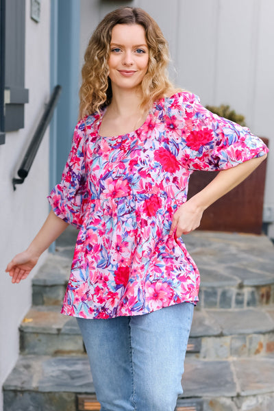 Feeling Femmi Pink & Fuchsia Floral Peplum Woven Top - Online Only!