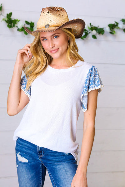 Denim & White Floral Short Flutter Sleeve Top - Online Only!