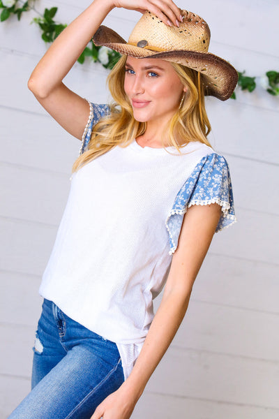 Denim & White Floral Short Flutter Sleeve Top - Online Only!