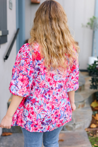 Feeling Femmi Pink & Fuchsia Floral Peplum Woven Top - Online Only!