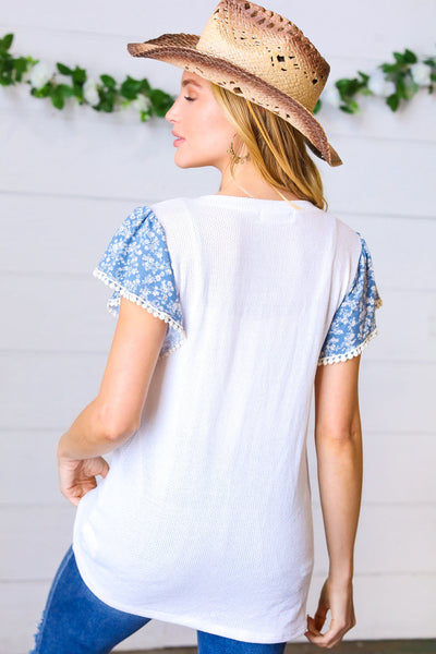 Denim & White Floral Short Flutter Sleeve Top - Online Only!