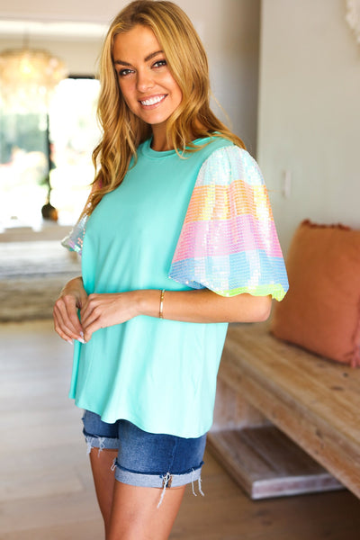 Stand Out Mint Rainbow Sequin Puff Sleeve Top - Online Only!