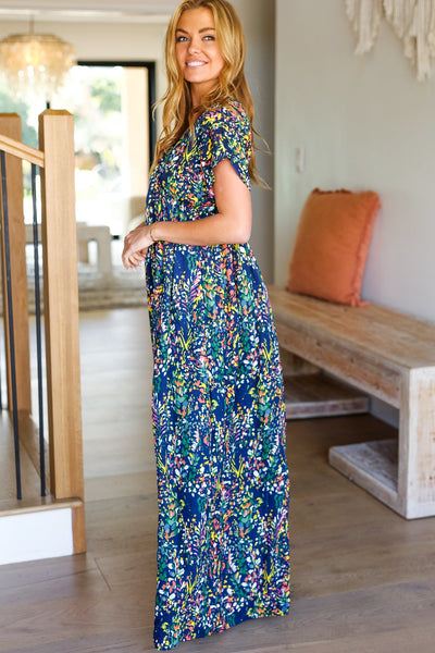 Just Feels Right Navy Blue Floral V Neck Dolman Maxi Dress - Online Only!