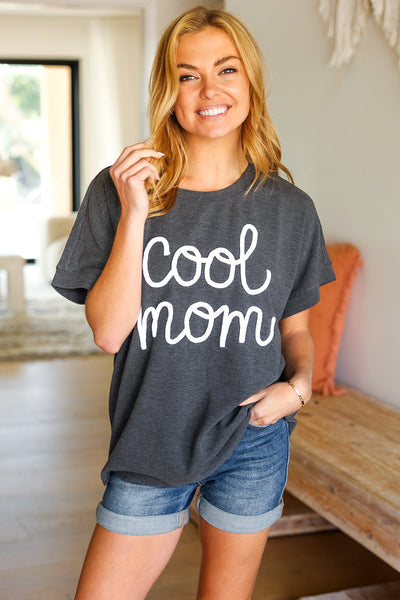 Take A Bow Charcoal "Cool Mom" Embroidery Pop-Up Rib Dolman Top - Online Only!