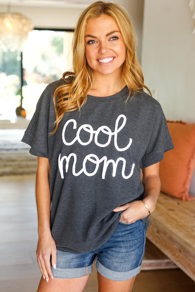 Take A Bow Charcoal "Cool Mom" Embroidery Pop-Up Rib Dolman Top - Online Only!