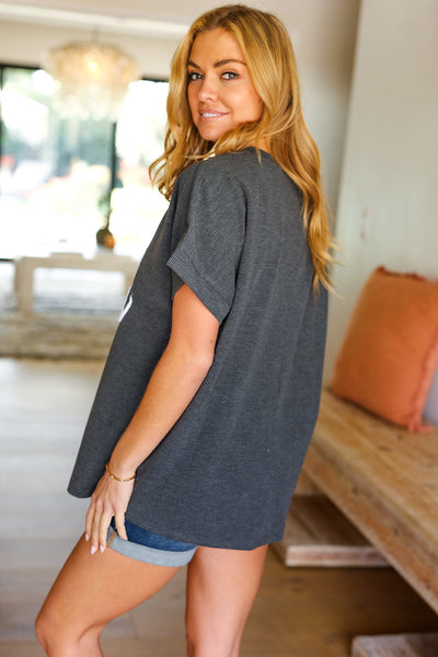 Take A Bow Charcoal "Cool Mom" Embroidery Pop-Up Rib Dolman Top - Online Only!