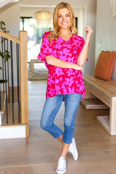 Tropical Trance Magenta Floral V Neck Woven Top - Online Only!
