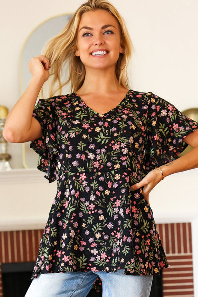 Summer Vibes Black Floral Print V Neck Babydoll Crepe Top - Online Only!