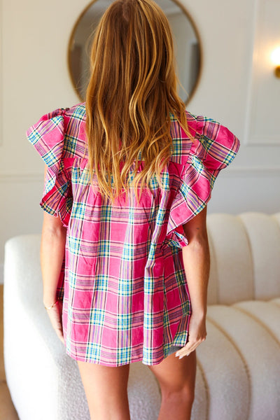 Fuchsia Plaid Shirred Yoke Flutter Sleeve Top - Online Only!