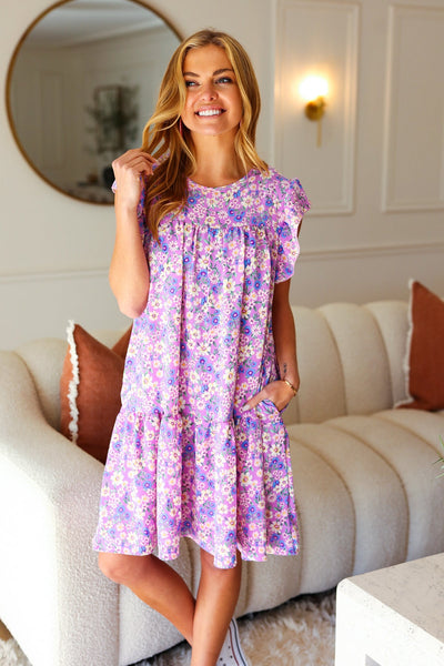 Lilac Floral Tiered Ruffle Sleeve Woven Dress - Online Only!