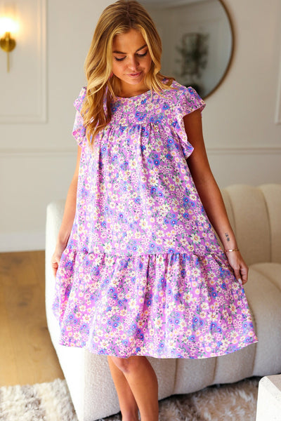 Lilac Floral Tiered Ruffle Sleeve Woven Dress - Online Only!