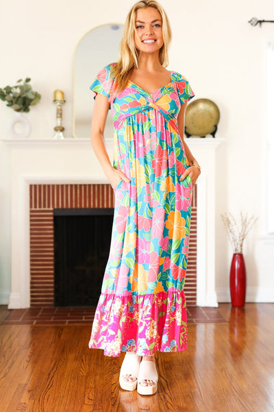 Vacay Vibes Blue Floral Print Sweetheart Twisted Neckline Maxi Dress - Online Only!