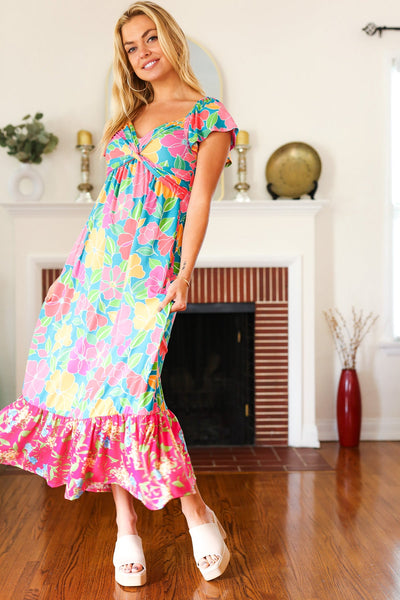 Vacay Vibes Blue Floral Print Sweetheart Twisted Neckline Maxi Dress - Online Only!