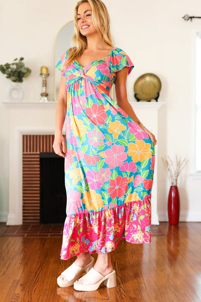 Vacay Vibes Blue Floral Print Sweetheart Twisted Neckline Maxi Dress - Online Only!