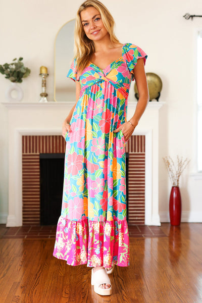 Vacay Vibes Blue Floral Print Sweetheart Twisted Neckline Maxi Dress - Online Only!