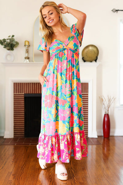 Vacay Vibes Blue Floral Print Sweetheart Twisted Neckline Maxi Dress - Online Only!