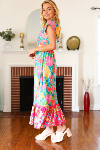 Vacay Vibes Blue Floral Print Sweetheart Twisted Neckline Maxi Dress - Online Only!