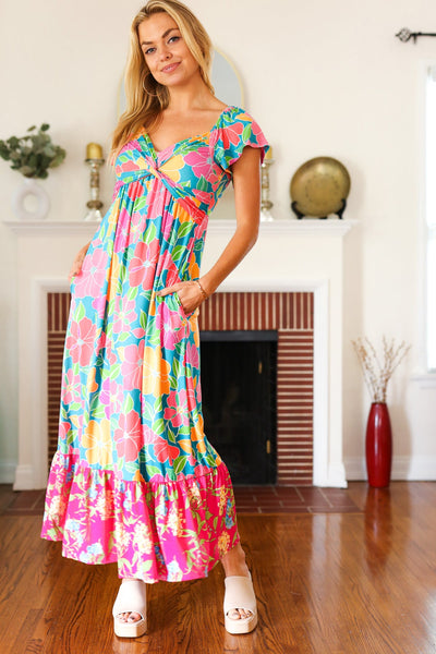 Vacay Vibes Blue Floral Print Sweetheart Twisted Neckline Maxi Dress - Online Only!